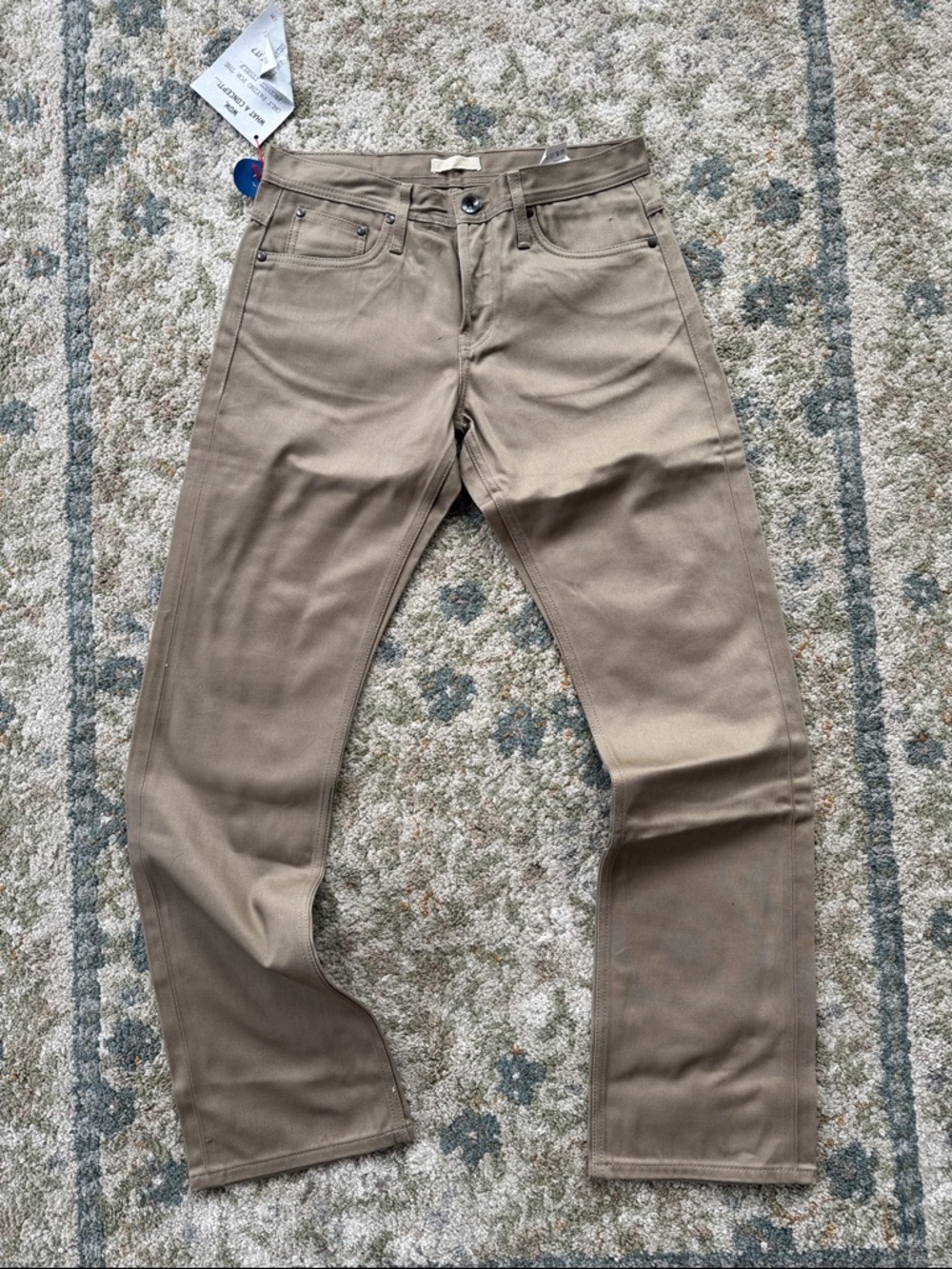 The Unbranded Brand Straight Leg Raw Selvedge Cotton Denim in Khaki. Size 32